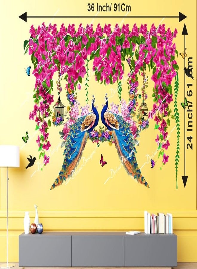 DivineDesigns ملصق حائط ذاتي اللصق من فينيل PVC من DivineDesigns، بتصميم قفص زهور وردية صيفية وفرع طاووس، لتزيين المنزل/غرفة المعيشة (متعدد الألوان). - Image 3